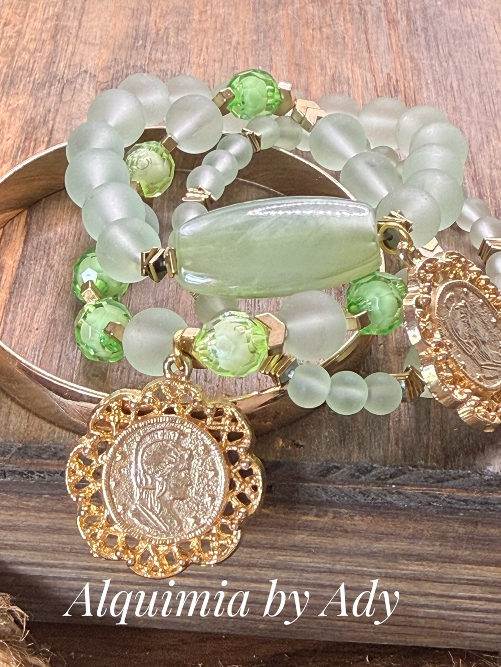 CURATED STACK Pale Green Beaded Bracelet with Gold Medallion Charms